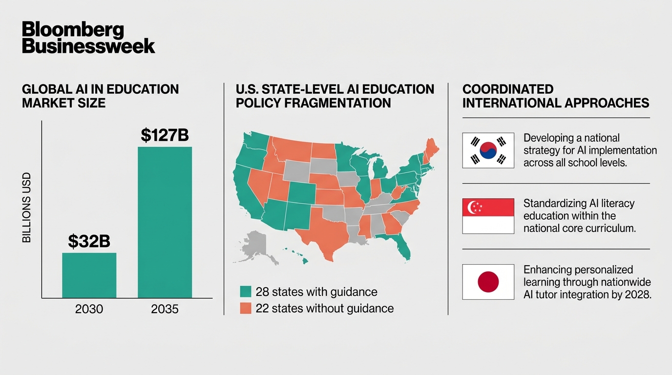 Infographic comparing AI in education market size projections and US state policy coverage versus national strategies in South Korea, Singapore, and Japan