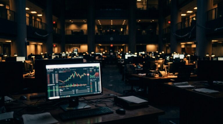 Dark prediction market trading interface glowing on a monitor against a deep navy background, representing insider trading risk in prediction markets