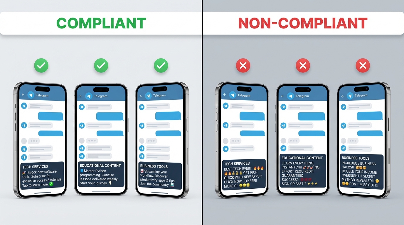 Comparison of compliant and non-compliant Telegram ad examples showing formatting and content differences