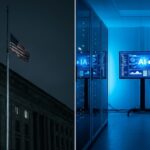 Split image contrasting a dark government building at night with a glowing AI tech server room, representing the Anthropic-Pentagon supply chain risk dispute