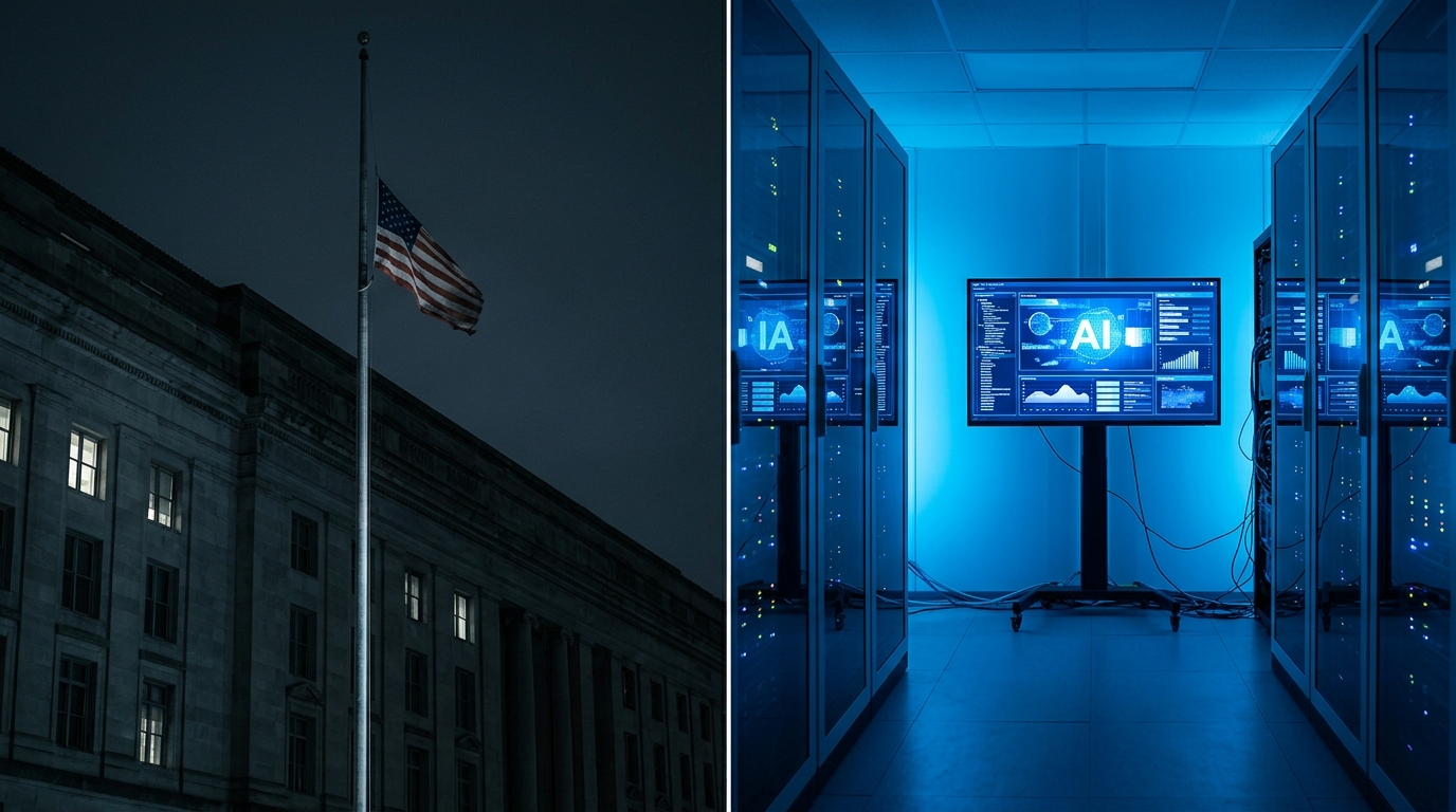 Split image contrasting a dark government building at night with a glowing AI tech server room, representing the Anthropic-Pentagon supply chain risk dispute