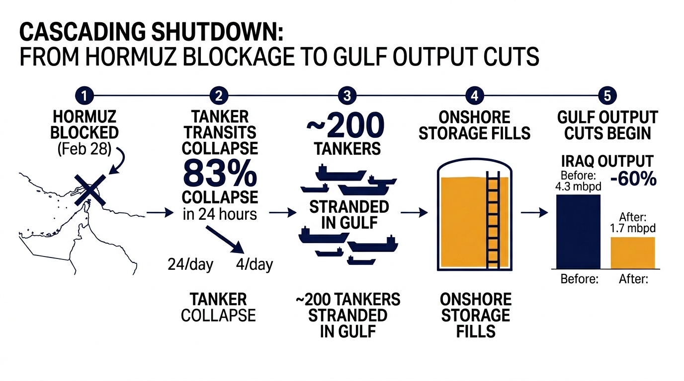 Five-step infographic showing how the Strait of Hormuz closure triggers cascading oil production cuts in Iraq, UAE, and Kuwait