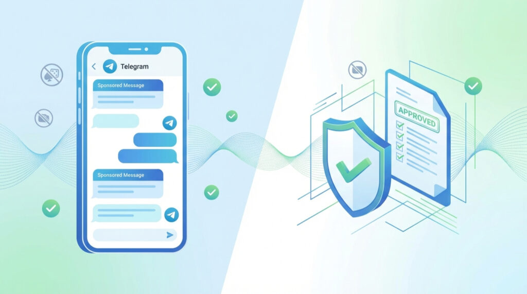 Telegram ads compliance and best practices visualization showing mobile interface and approval process