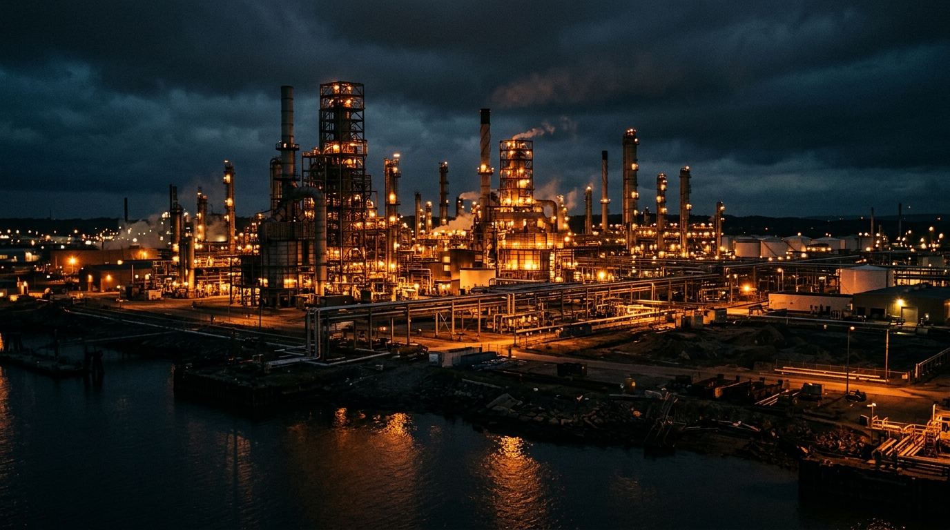 Oil refinery at night representing global crude oil production under pressure during the 2026 Hormuz crisis