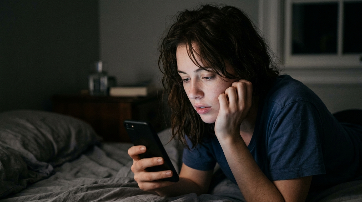 Person using a smartphone in a dark room, screen glow the only light source, depicting immersive AI app engagement