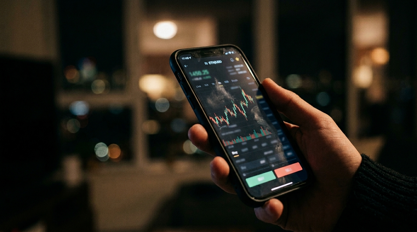 Close-up of a smartphone showing a trading platform interface in a dark setting, representing prediction market trading activity