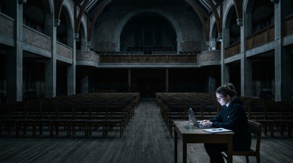 A student working alone on a laptop in a large darkened school hall, representing AI in education without national strategy