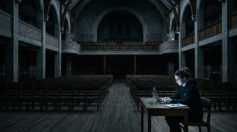 A student working alone on a laptop in a large darkened school hall, representing AI in education without national strategy
