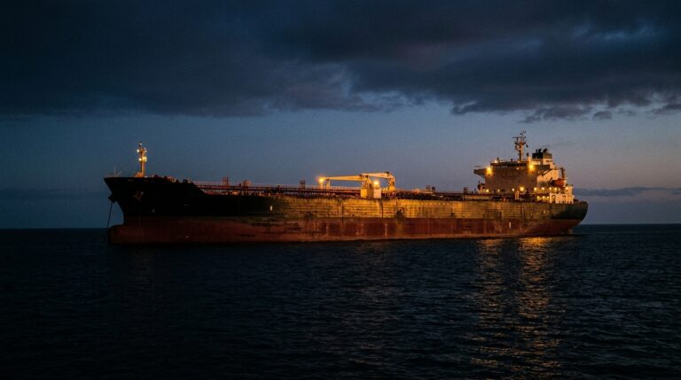Crude oil supertanker anchored motionless in the Persian Gulf during the 2026 Strait of Hormuz crisis