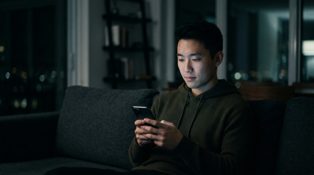 Person alone at night lit by phone screen glow representing AI entertainment and the loneliness epidemic