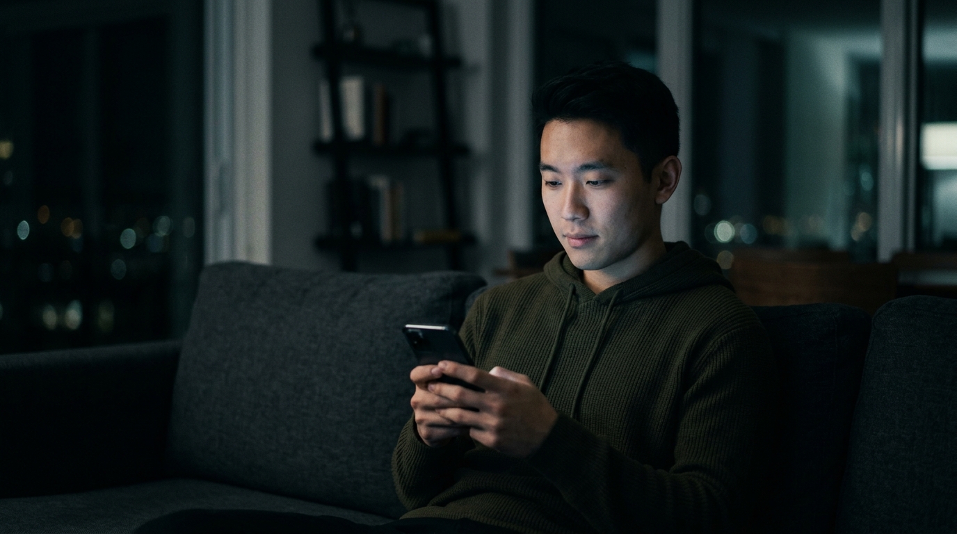 Person alone at night lit by phone screen glow representing AI entertainment and the loneliness epidemic
